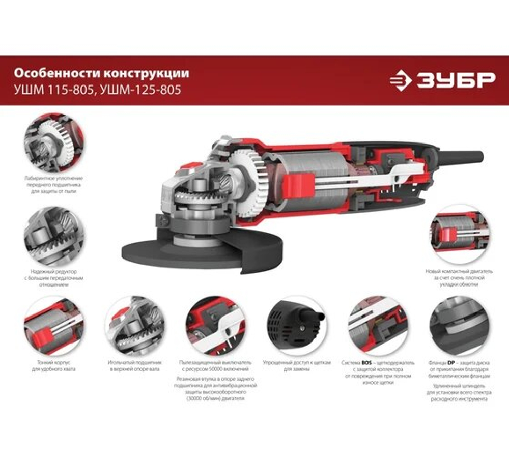 УШМ ЗУБР УШМ-125-805, двухпозиционная рукоятка, 125мм, 800Вт, суперкомпактный размер