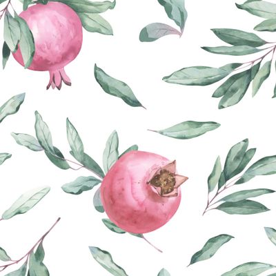 Элегантные акварельные ветви с листьями и гранаты на белом фоне