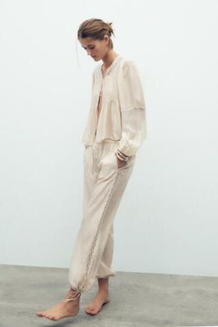 ZARA БРЮКИ С КРУЖЕВОМ И ЗАВЯЗКАМИ, ЭКРЮ