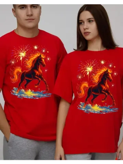 Футболка красная новогодняя с лошадью салюты 2026