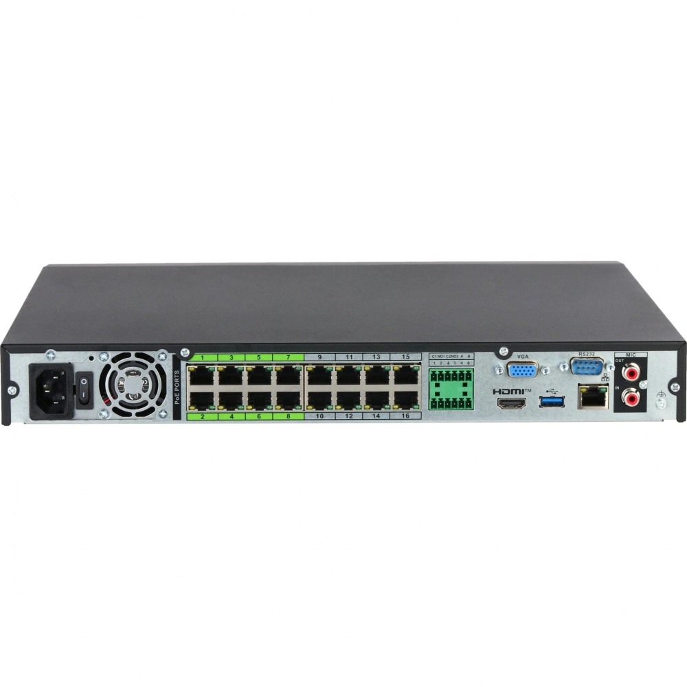16-канальный IP-видеорегистратор Dahua c PoE до 448Мбит/с; 2 SATA III до 20Тбайт; 1 HDMI (8K), 1 VGA; 1 RJ45 1000Мбит/с, 16 RJ45 100Мбит/с (PoE/PoE+, до 130Вт, ePoE на 1-8 п)
