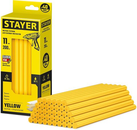 Клеевые стержни STAYER Yellow, жёлтые, 11 х 200 мм, 40 шт, Professional (2-06821-Y-S40)