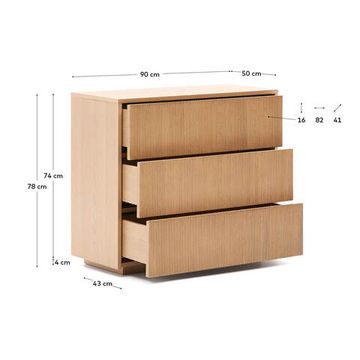 Комод Helvine с 3 ящиками из дубового шпона и закаленного стекла, 86 x 79