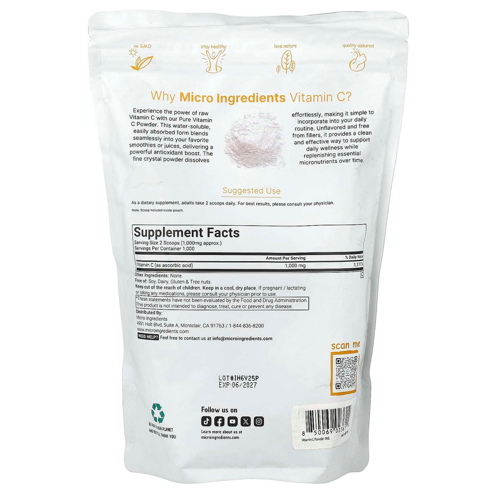 Micro Ingredients, витамин C в порошке, без добавок, 1 кг (2,2 фунта)