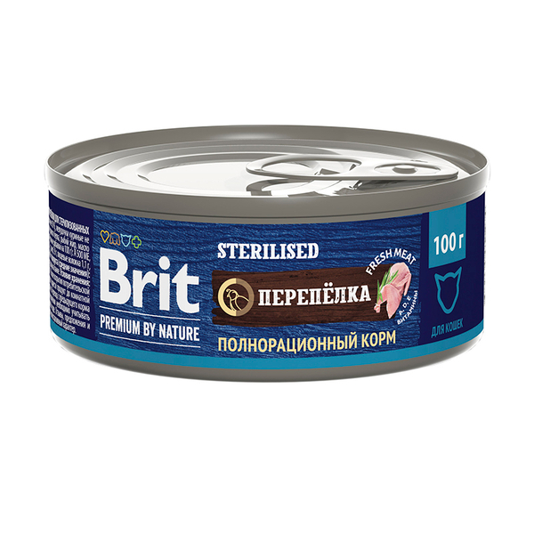 Влажный корм Brit Premium by Nature с мясом перепёлки, для стерилизованных кошек, 100 г.