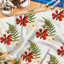 Ткань футер 2-х нитка крупные красные цветы и листья на белом фоне