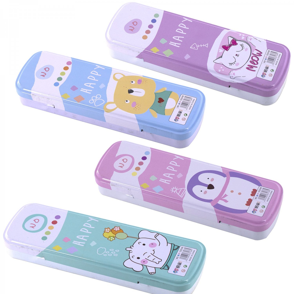 Пенал металлический 2 отделения Alingar, 55 х 190 мм, "Happy", ассорти (слоник, пингвин, мишка, кошечка)