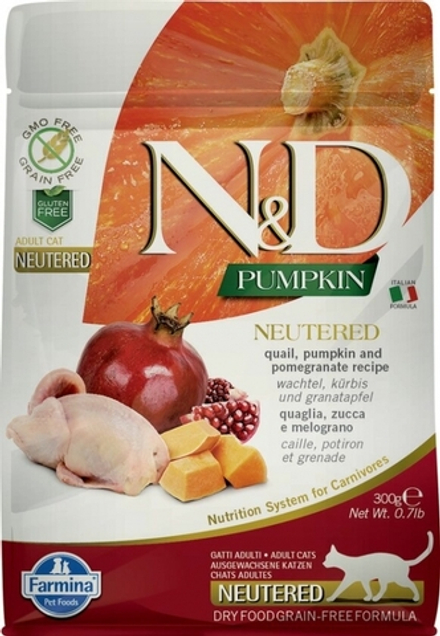 Сухой корм Farmina N&D Pumpkin Cat Adult Neutered беззерновой перепел для стерилизованных кошек и кастрированных котов 300 г