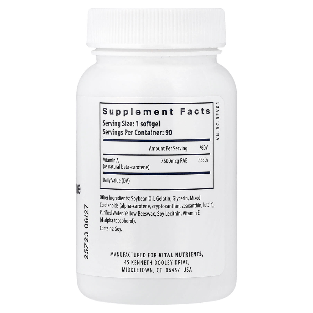 Vital Nutrients, Натуральный бета-каротин, 90 мягких таблеток (7500 мкг RAE в одной капсуле)