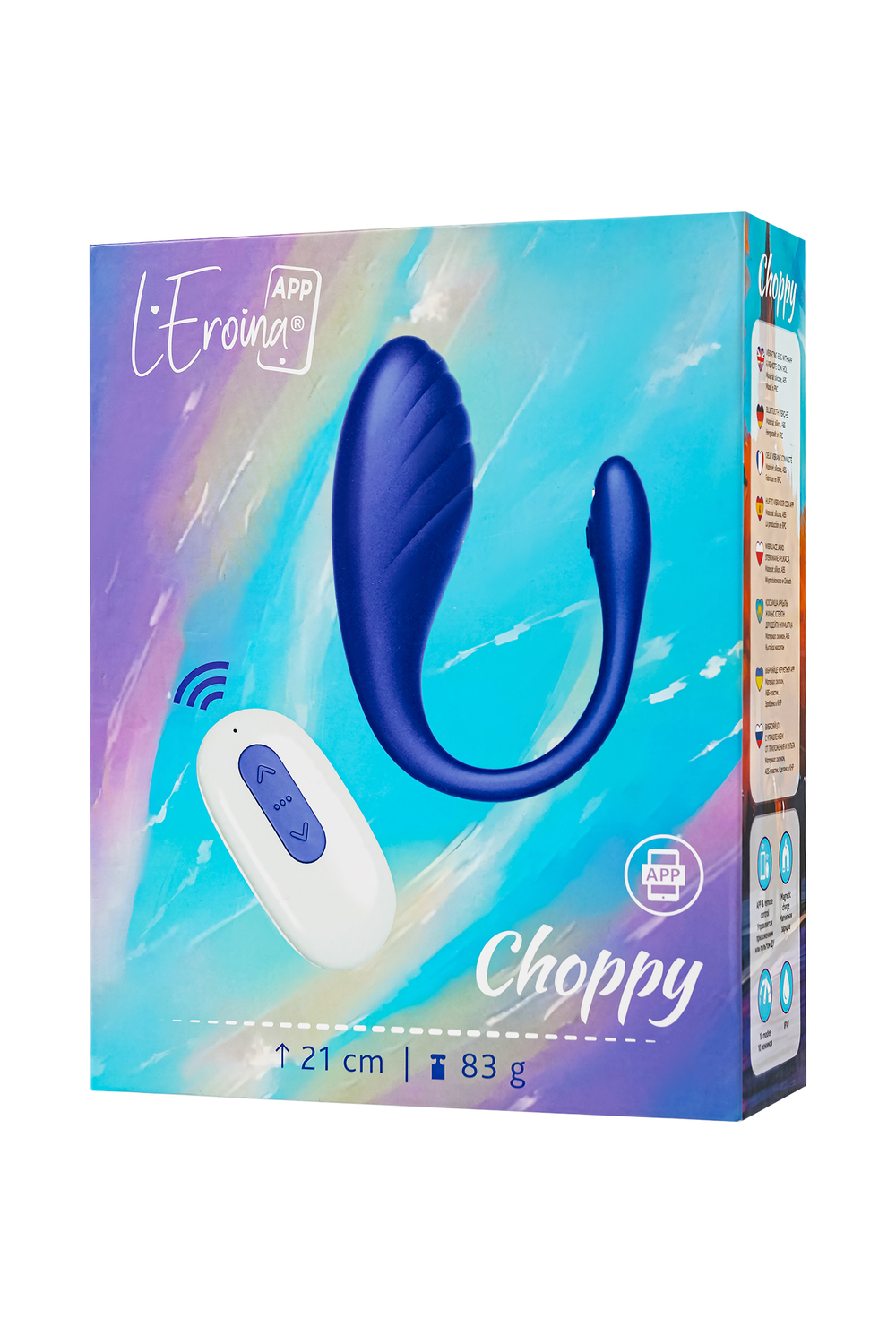 Виброяйцо L'Eroina APP CHOPPY с управлением от приложения и пульта силикон, синий, 21 см