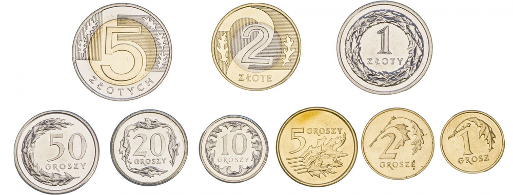 Набор 9 монет 2009-2015 гг. 1, 2, 5, 10, 25, 50 грошей, 1, 2, 5 злотых. Польша. UNC
