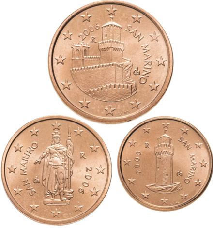 Сан-Марино 1-5 евроцентов 2002-2016 Достопримечательности - набор 3 монеты UNC