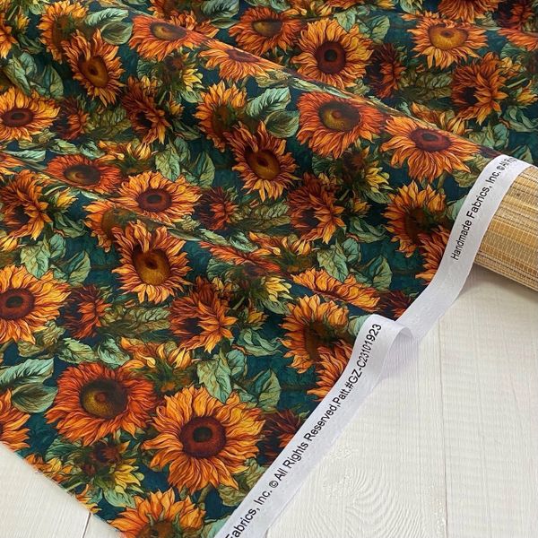 Отрез 0,7м. ПОДСОЛНУХИ НА ИЗУМРУДНОМ 100% хлопок, Handmade Fabrics 4