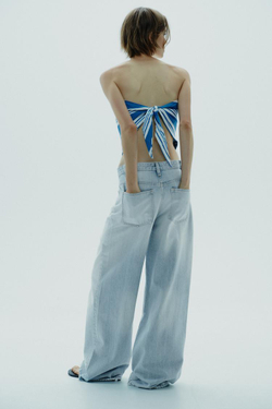 ZARA ЛЬНЯНОЙ ТОП БЕЗ БРЕТЕЛЕЙ, СИНИЙ/БЕЛЫЙ