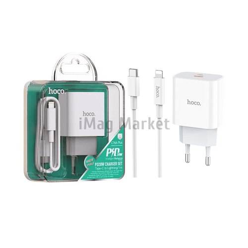 Сетевое зарядное устройство Hoco C76A Plus, 1 USB-C, 20W, 3A + кабель Lightning, 1 м, белый