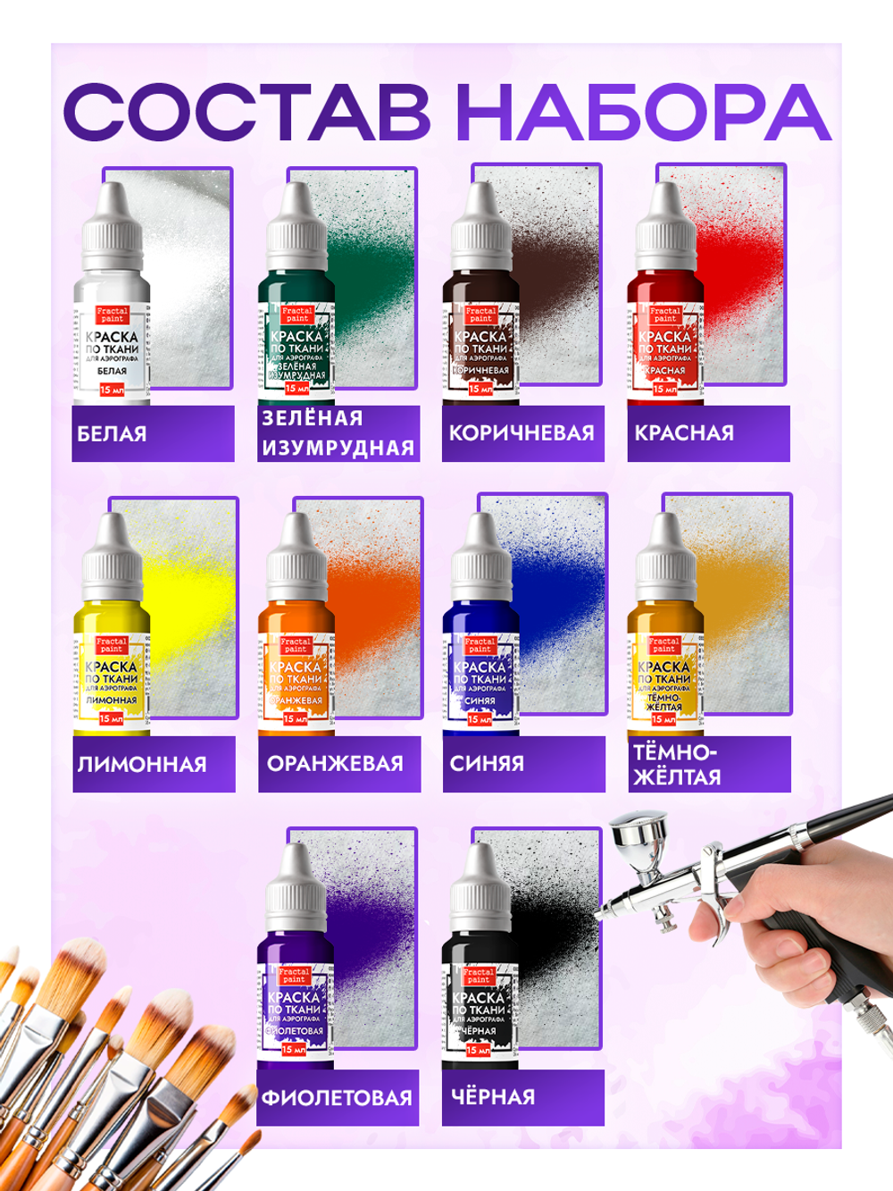 Набор красок для аэрографа по ткани 10х15 мл