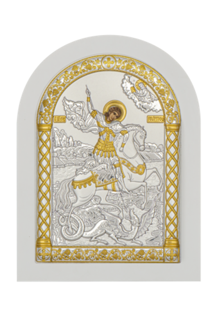 Икона Георгий Победоносец: арочная, 19х14, напыление серебром и золотом, А-4, наст. с подс. (Греция)