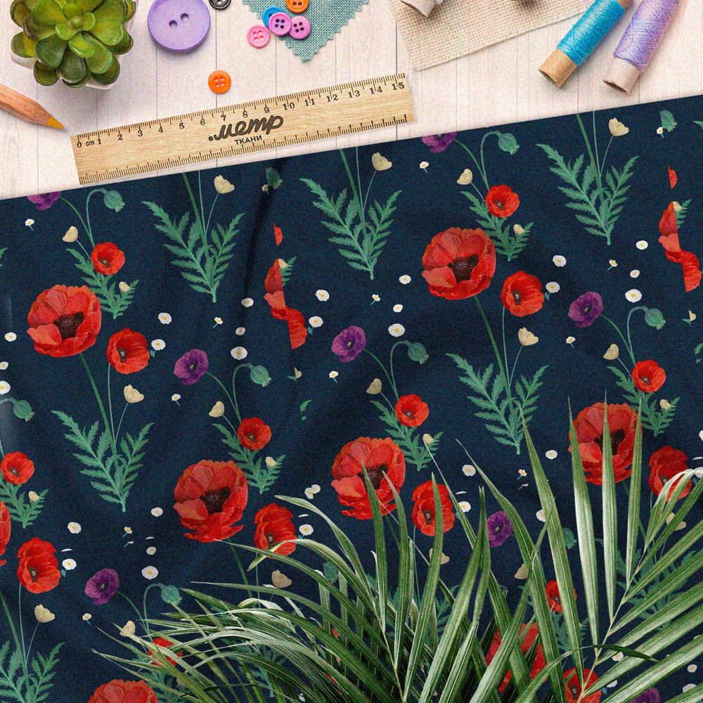 Ткань габардин алые маки на тёмно-зелёном фоне