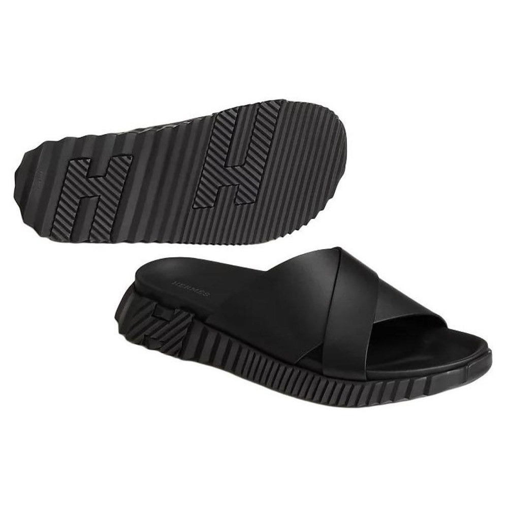 Hermes leather simple and versatile one-word slippers men's black, H241919Z H01