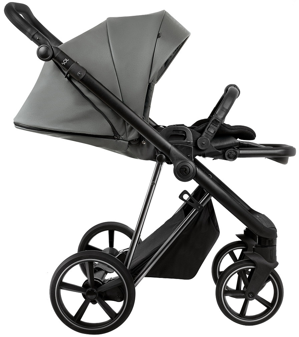 Детская коляска Roan Sol Vintage Luxury Leather 2.0 3 в 1 с автокреслом Tutis Elo Lux EduSky Black VEGA88DB Glacier Gray/Nickel/руч.Black