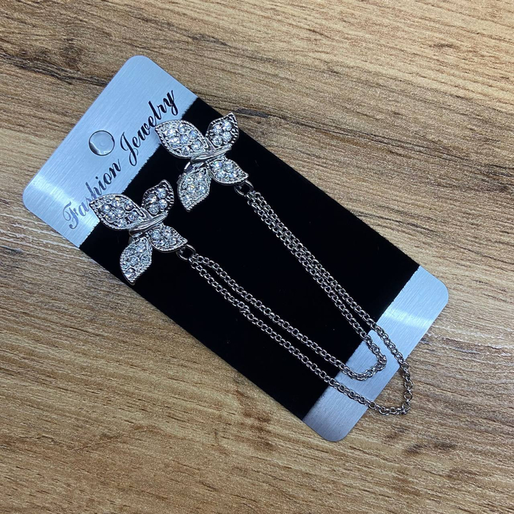 Брошь-шатлен на воротничок с цепочками Бабочка стразы металл серебристый