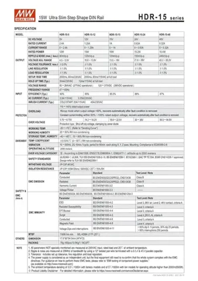 HDR-15-12 MEAN WELL, Блок питания на DIN-рейку, AC/DC 15 Вт 12 В 1,25 А ультратонкий 17,5 мм (1 SU), со светодиодной индикацией сети и комплексом защит, не требующий заземления, для умного дома