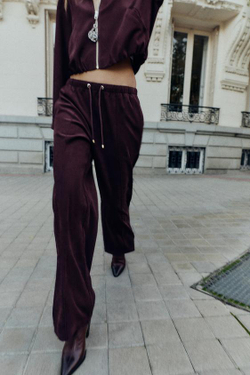 ZARA ШИРОКИЕ БРЮКИ С ЭЛАСТИЧНЫМ ПОЯСОМ, БУРГУНДИ