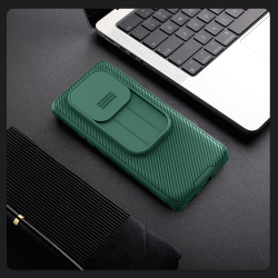 Чехол зеленого цвета (Dark Green) от Nillkin с сдвижной шторкой для камеры для Xiaomi Redmi Note 14 Pro+ Плюс 5G, серия CamShield Pro Case