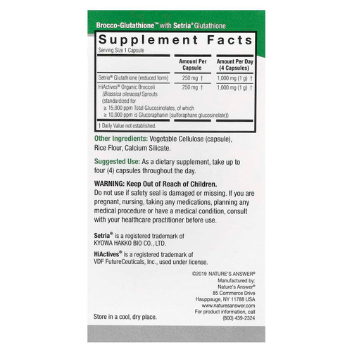 Nature's Answer, Brocco-Glutathione, средство с брокколи и глутатионом, 500 мг, 60 растительных капсул