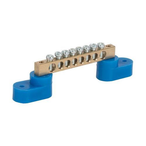 Шина нулевая 8 отверстий, 2 синих угловых изолятора, крепеж по центру 6х9 мм