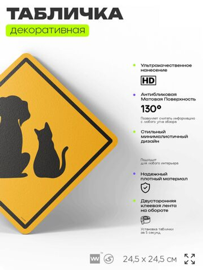Табличка прикольная "Осторожно, домашние животные" на дверь и стену, информационная и предупреждающая, декоративный знак, 24,5х24,5 см, пластиковая, Айдентика Технолоджи