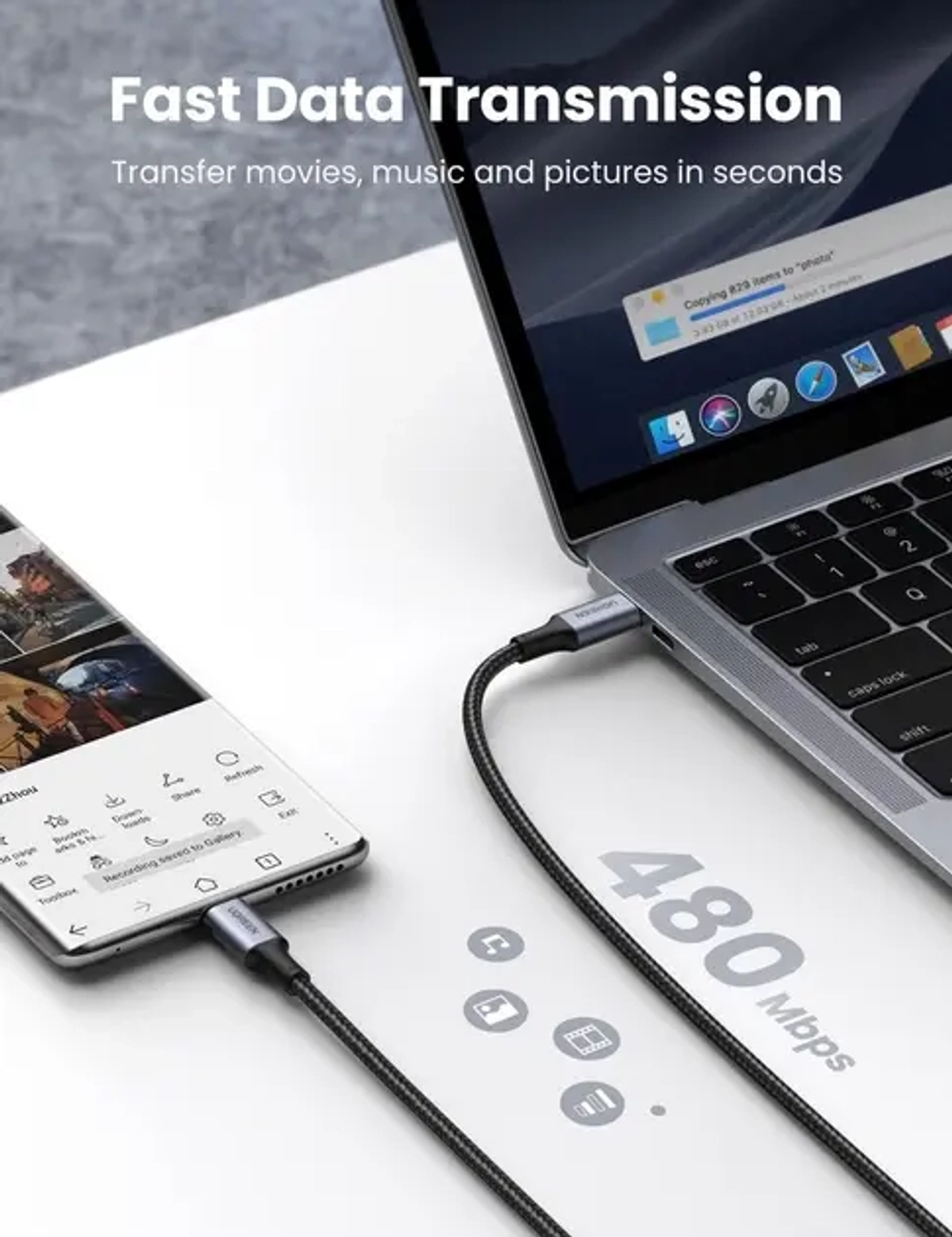 Кабель USB C - USB C, 480Mbps, 5A, QC4.0/PD3.0, 100W, 1m, UGREEN 70427