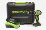 Дрель-шуруповерт 24V Greenworks GD24DD60K2 ударная б/щ 60Нм АКБ 2Ач и ЗУ кейс