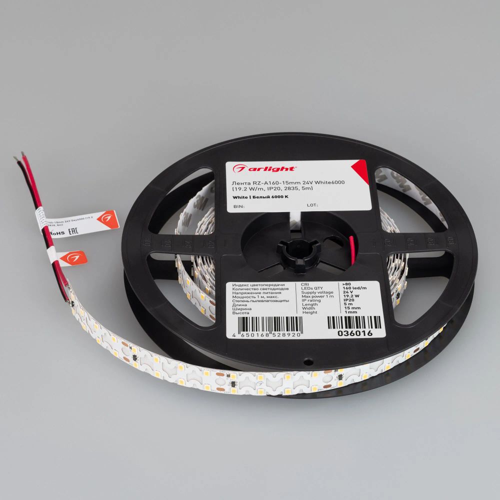 Светодиодная лента RZ-A160-15mm 24V White6000 (19.2 W/m, IP20, 2835, 5m) (Arlight, -) 036016