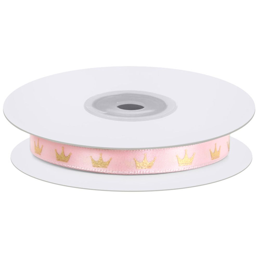 Лента декоративная (1 см*22,85 м) Короны, Розовый/Золото, 1 шт.