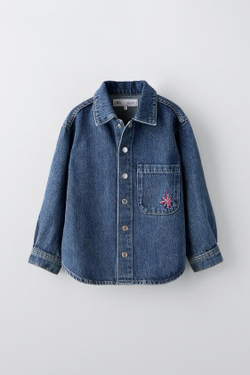 ZARA ДЖИНСОВАЯ КУРТКА РУБАШЕЧНОГО КРОЯ С ВЫШИВКОЙ, СИНИЙ