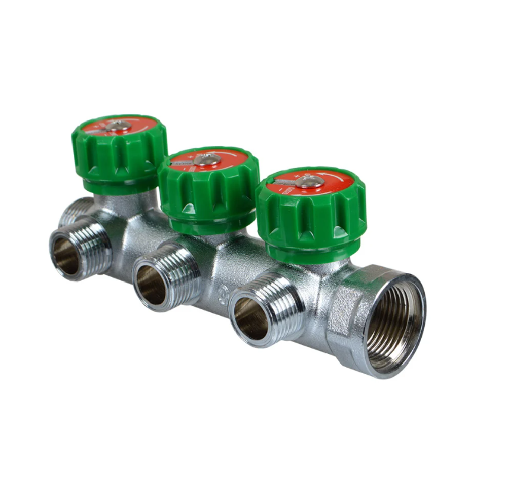Латунный коллектор Terma 3/4" в/н с 3-мя вент.кранами на 1/2" (нар.резьбы) с выходами под 90 град (14020) 18575
