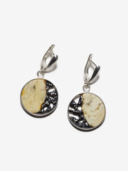 Уникальный серебряный комплект с цельным пейзажным янтарем, серебро 925 пробы