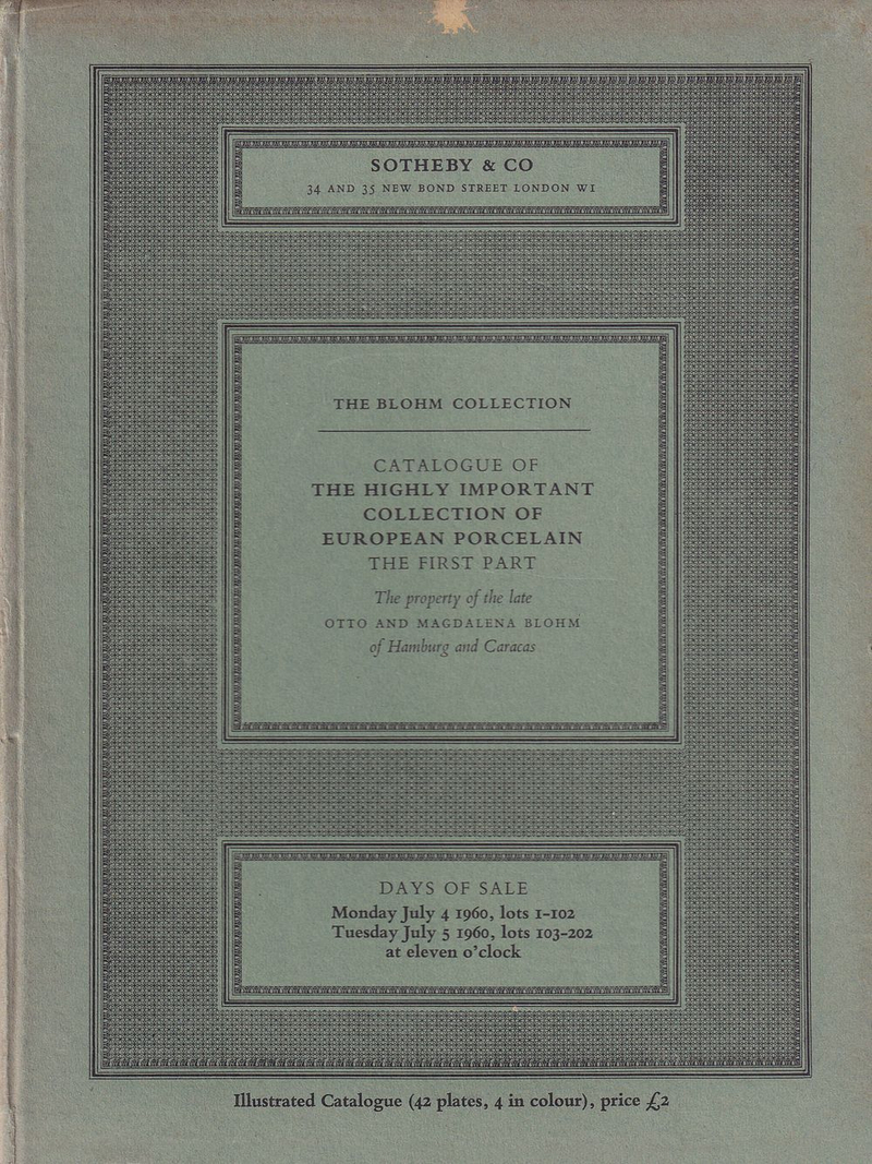 Каталог аукциона Sotheby's, Лондон, Коллекция Блом: Редкий и исключительный европейский фарфор собственности Магдалены Блом от 4-5 июля 1960 года