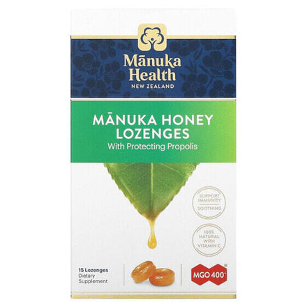 От гриппа и простуды Manuka Health, Леденцы с медом Manuka, прополис, MGO 400+, 15 леденцов