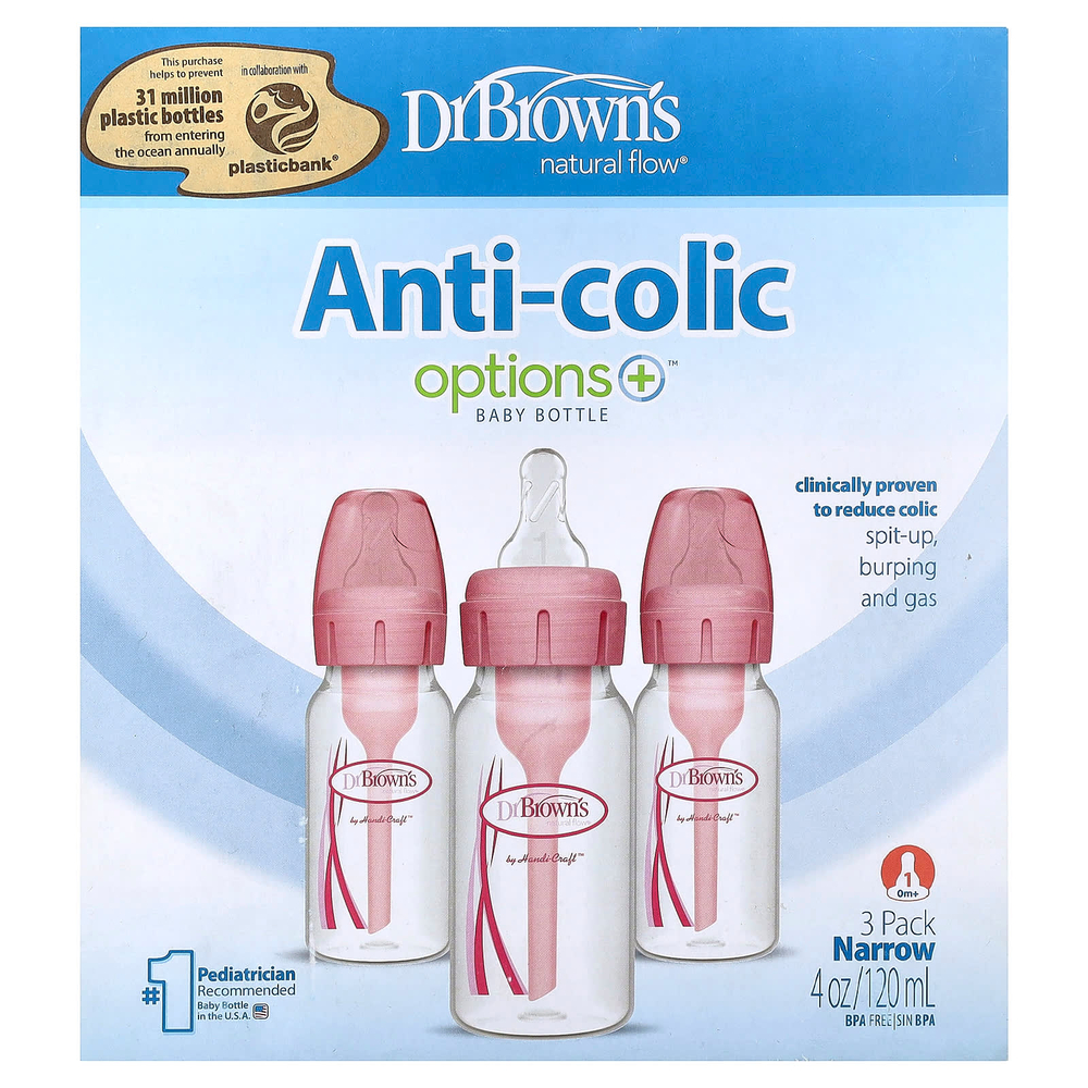 Dr. Brown's, Natural Flow®, Anti-colic Options+™, бутылочка для детей от 0 месяцев, 3 шт. по 120 мл (4 унции)