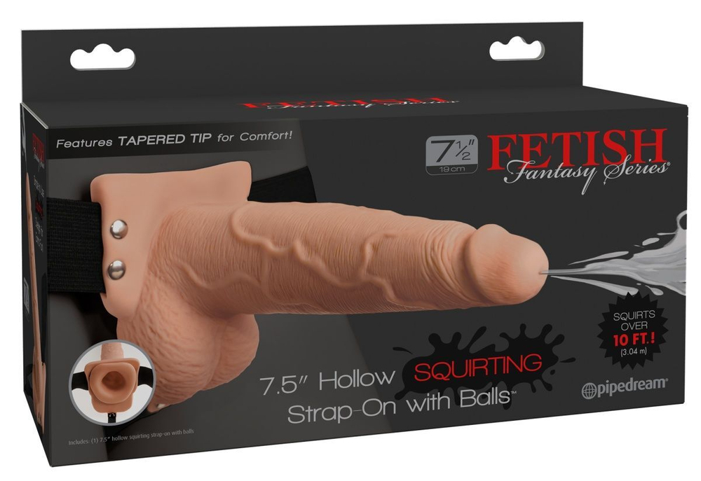 Телесный полый страпон с имитацией эякуляции 7.5 Hollow Squirting Strap-On with Balls - 21,6 см. (Цвет: телесный)