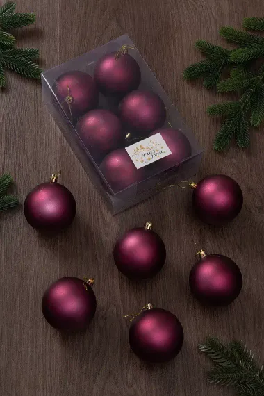 Набор пластиковых шаров Анет 80 мм., бордо матовый, 6 шт., ЕлкиТорг (150308)