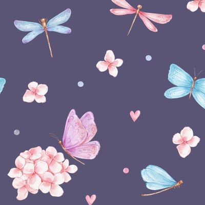 Стрекозы, бабочки и гортензии на темно-фиолетовом фоне