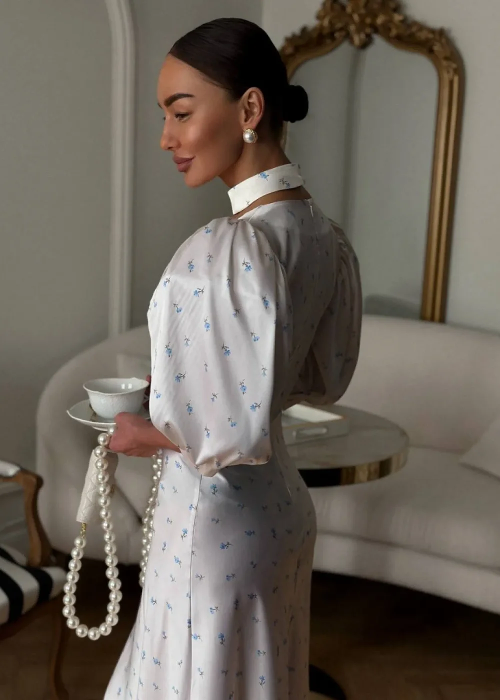 Платье Фото из Парижа голубой цветок, Молочный