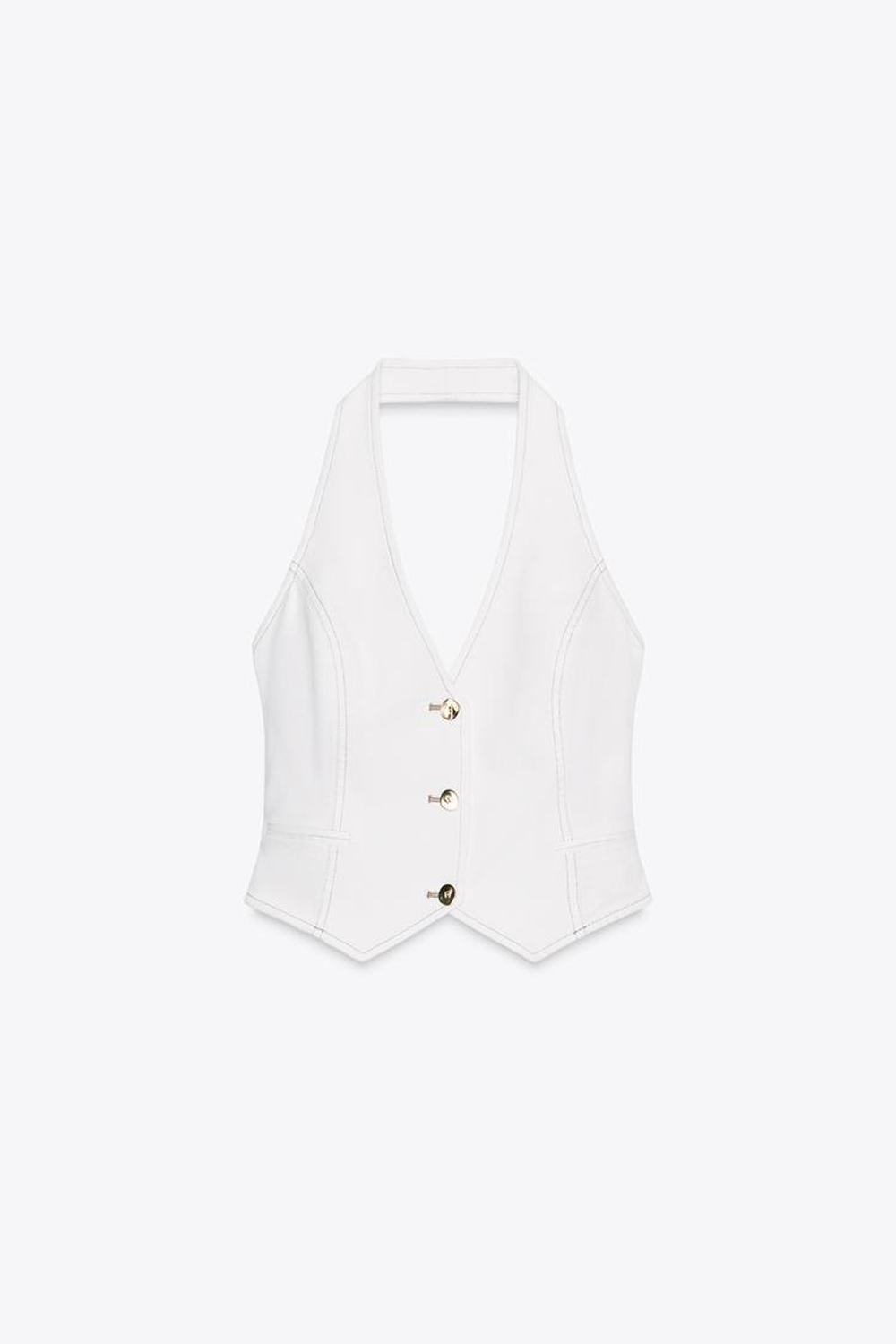 ZARA КОРОТКИЙ ДЖИНСОВЫЙ ТОП Z1975 С ГОРЛОВИНОЙ ХАЛТЕР, БЕЛЫЙ