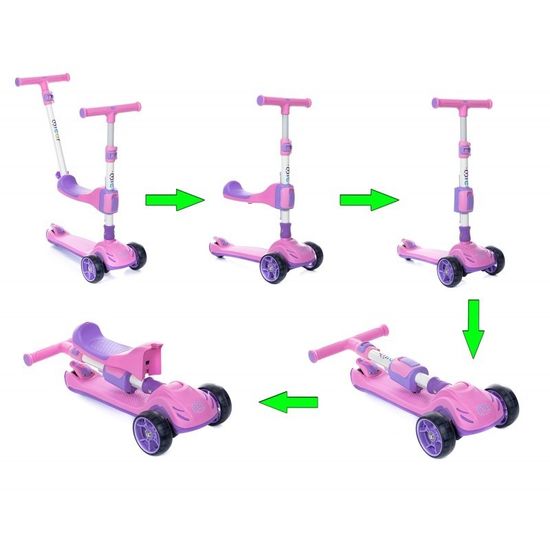 Самокат-беговел 3 в 1 Scooter Micar Transformer складной со светящимися колесами, сиденьем и родительской ручкой розовый