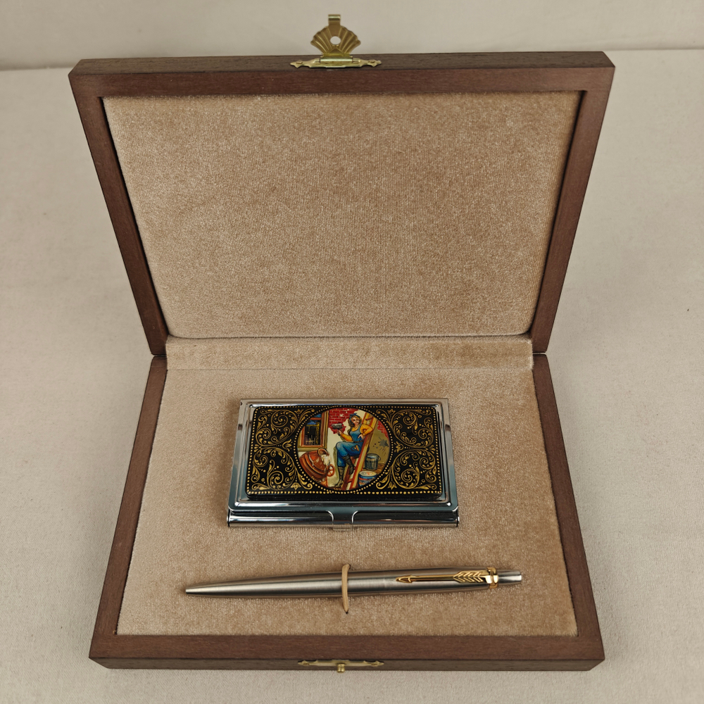 Набор подарочный "Подарок строителю" с ручной росписью с ручкой Parker в футляре