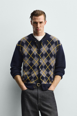 ZARA КАРДИГАН ИЗ 100% ШЕРСТИ С УЗОРОМ, СИНИЙ