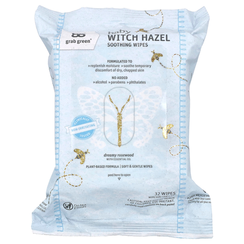 Grab Green, успокаивающие салфетки с гамамелисом, для детей, розовое дерево, 32 шт.
